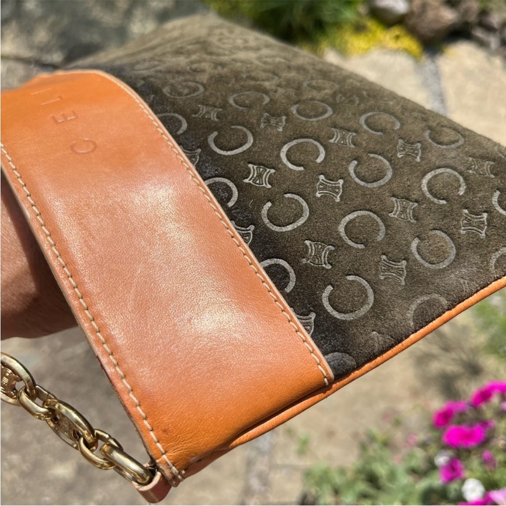 CELINE Authentic Macadam Vintage Suede Leather Clutch with Gold Chain